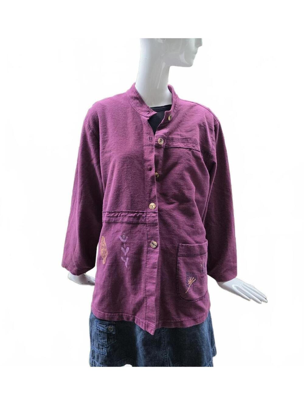 Focus Plum Cotton Hand Painted Boxy Art Jacket Mandarin Collar Lg